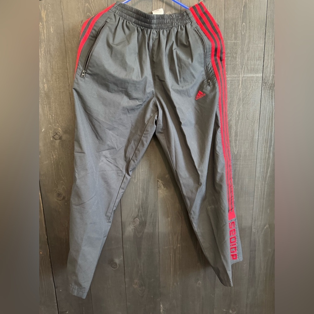 Adidas Gray and Red Joggers with Bold Stripes